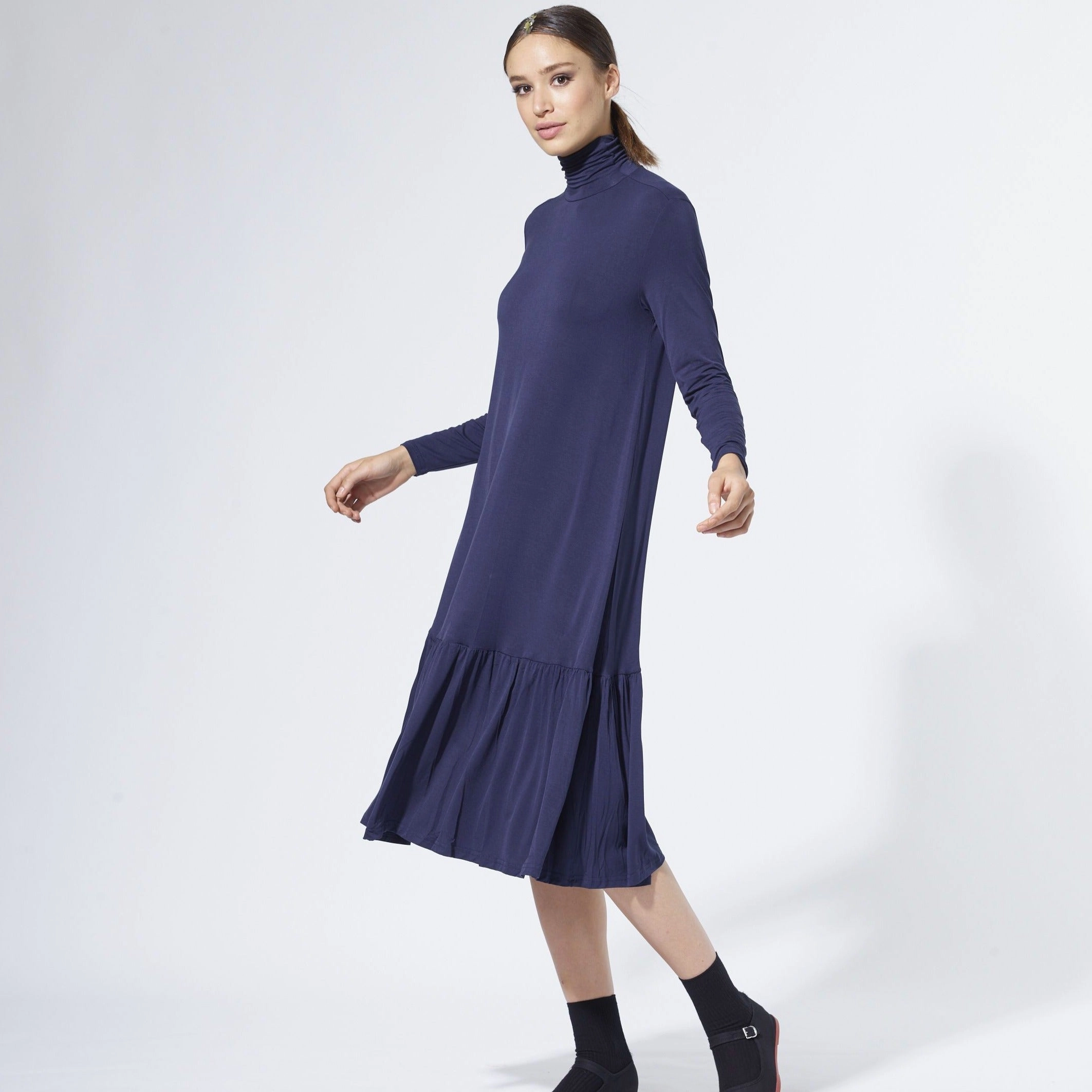 Turtleneck Dress | Navy [Final Sale] Frayed-Edge Luxe Mood
