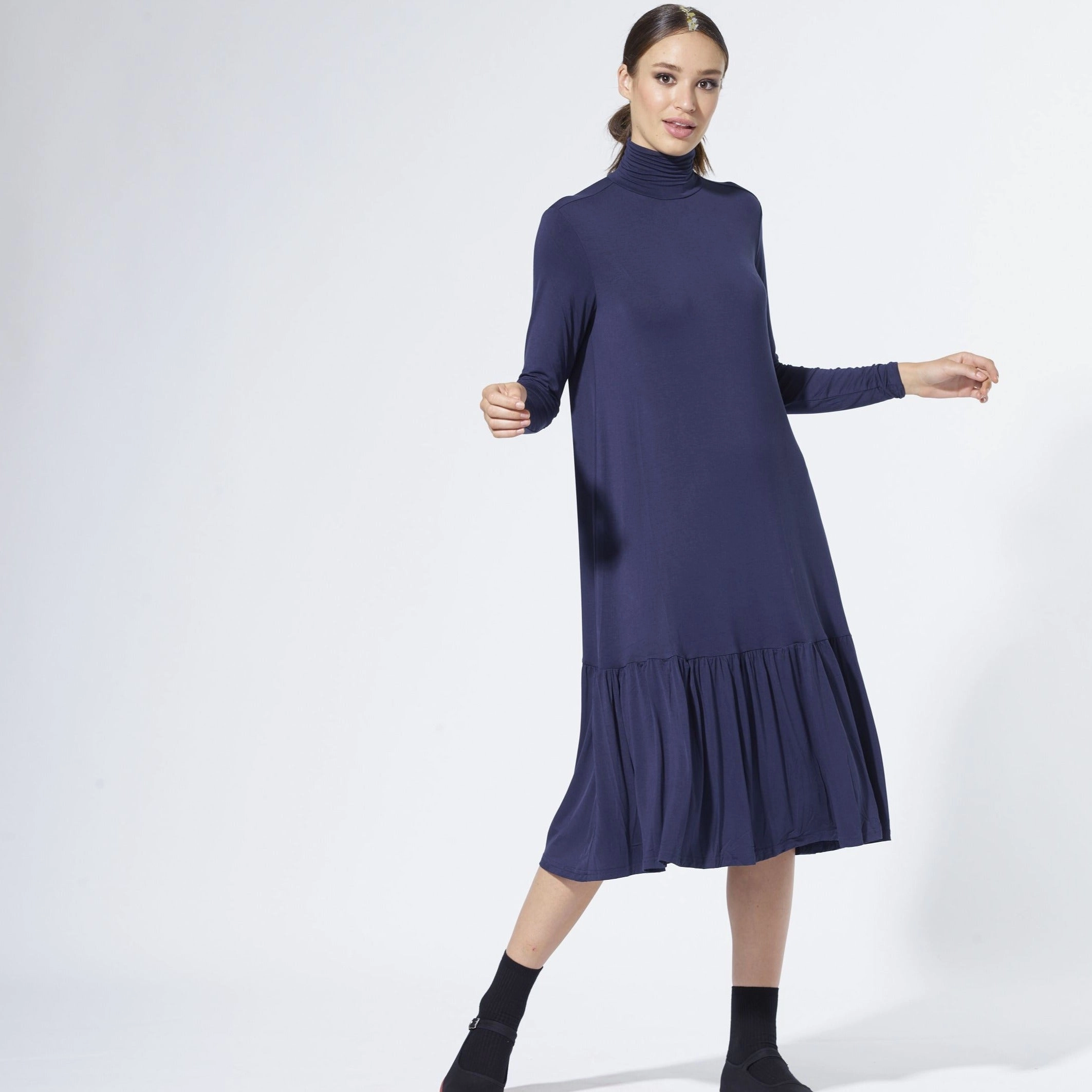 Lace-Sleeve Modern Staple Turtleneck Dress | Navy [Final Sale]