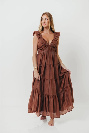 Katy Pleated Bodice Maxi Dress in Hazelnut - Bump Friendly Fit Easy Romantic Bloom