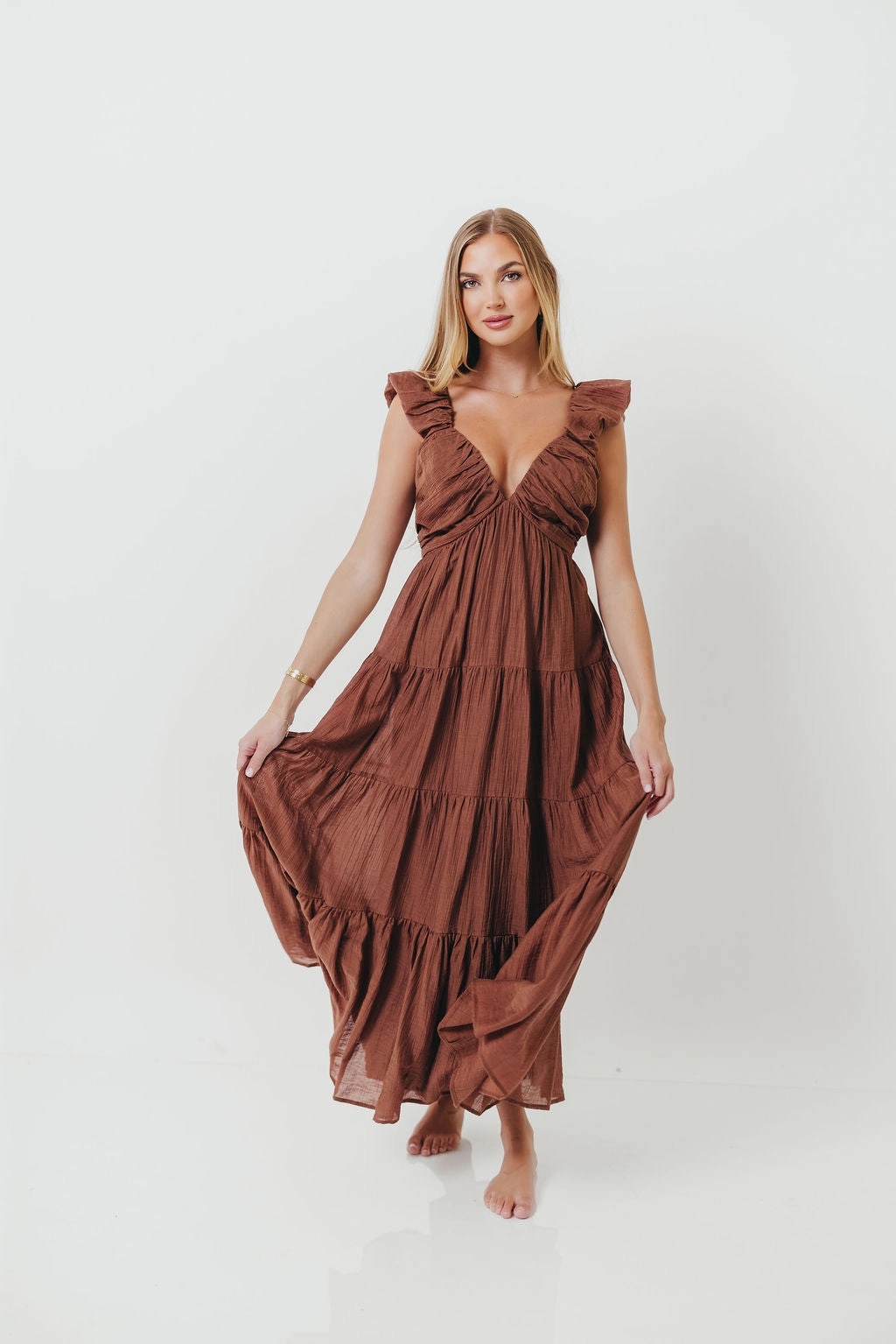 Chic Casual Wear Balanced Lines Katy Pleated Bodice Maxi Dress in Hazelnut - Bump Friendly