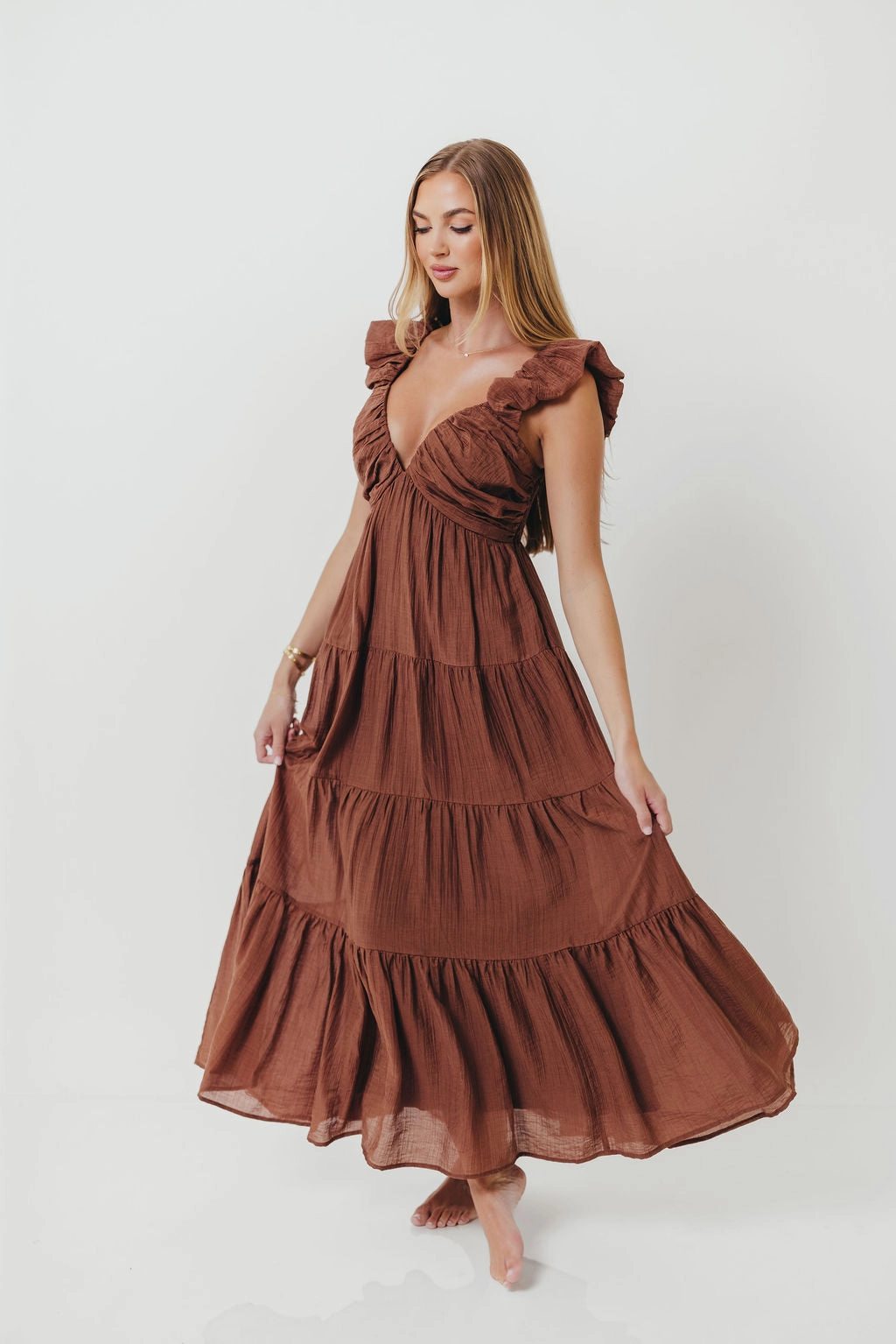 Katy Pleated Bodice Maxi Dress in Hazelnut - Bump Friendly Sheer Light Signature-Style