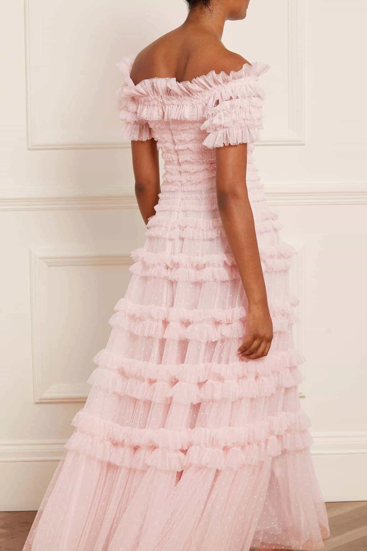 Polished and Elegant Empire Waist Lisette Ruffle Off Shoulder Gown