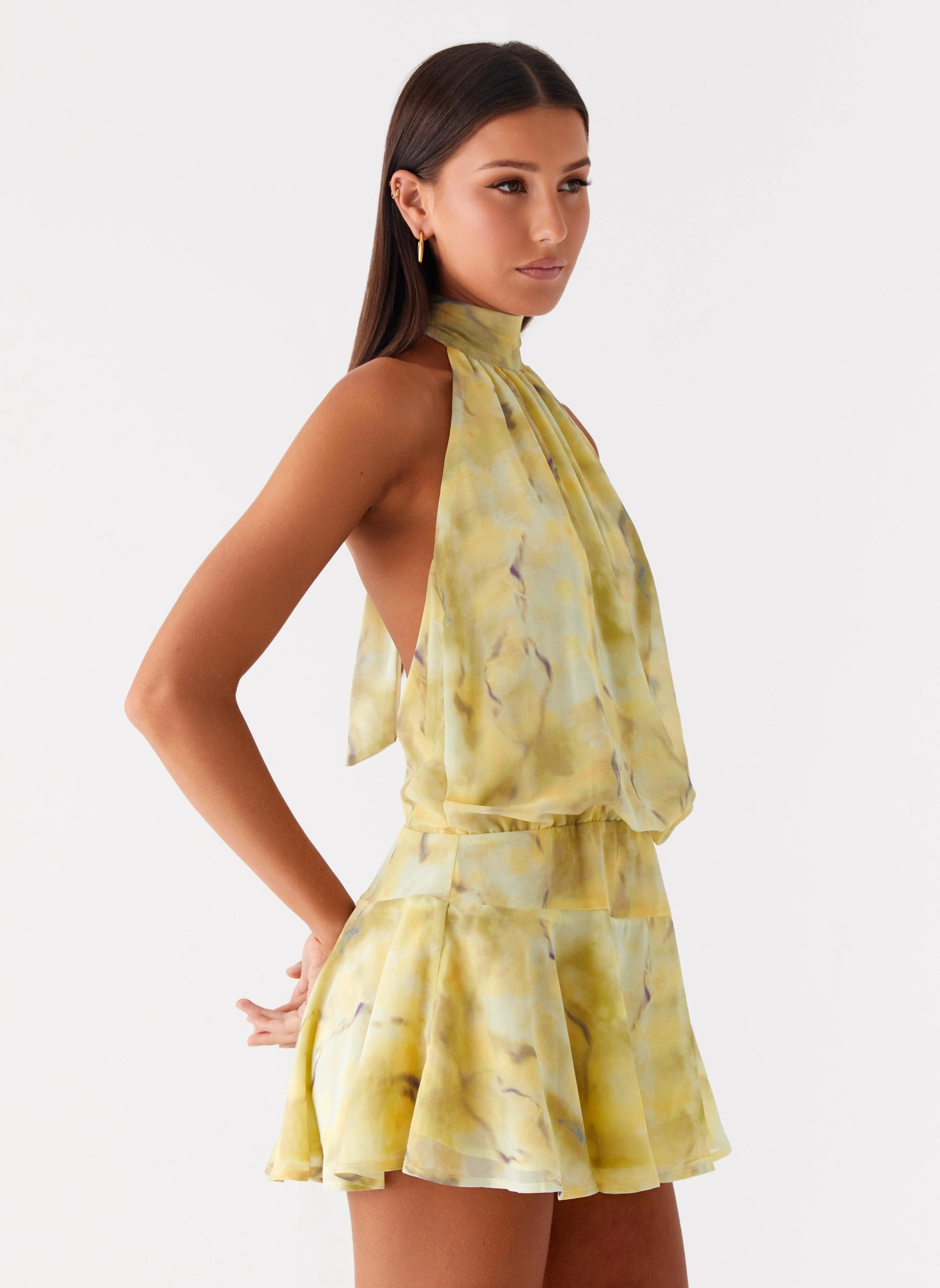 Winter Classic Smooth silhouette First Date Halter Mini Dress - Yellow Tie Dye