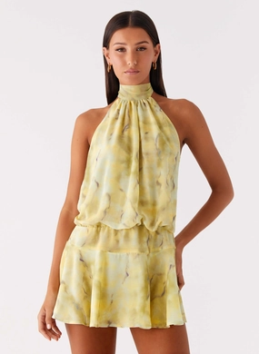 First Date Halter Mini Dress - Yellow Tie Dye Easy Drape