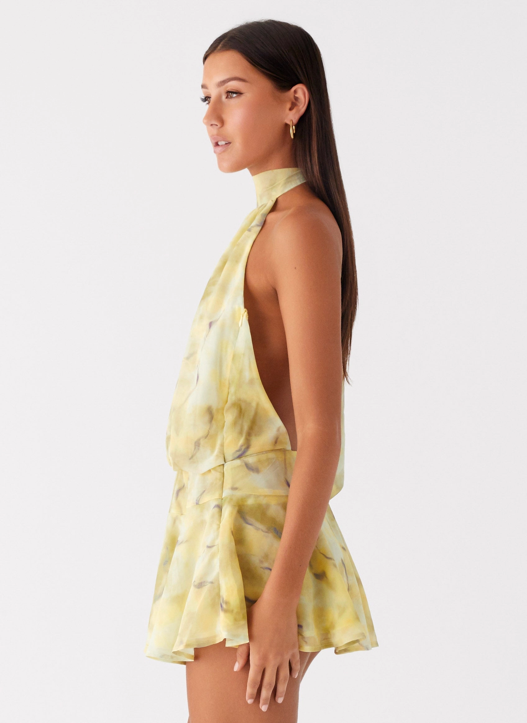 First Date Halter Mini Dress - Yellow Tie Dye Subtle Glow Breathable fabric