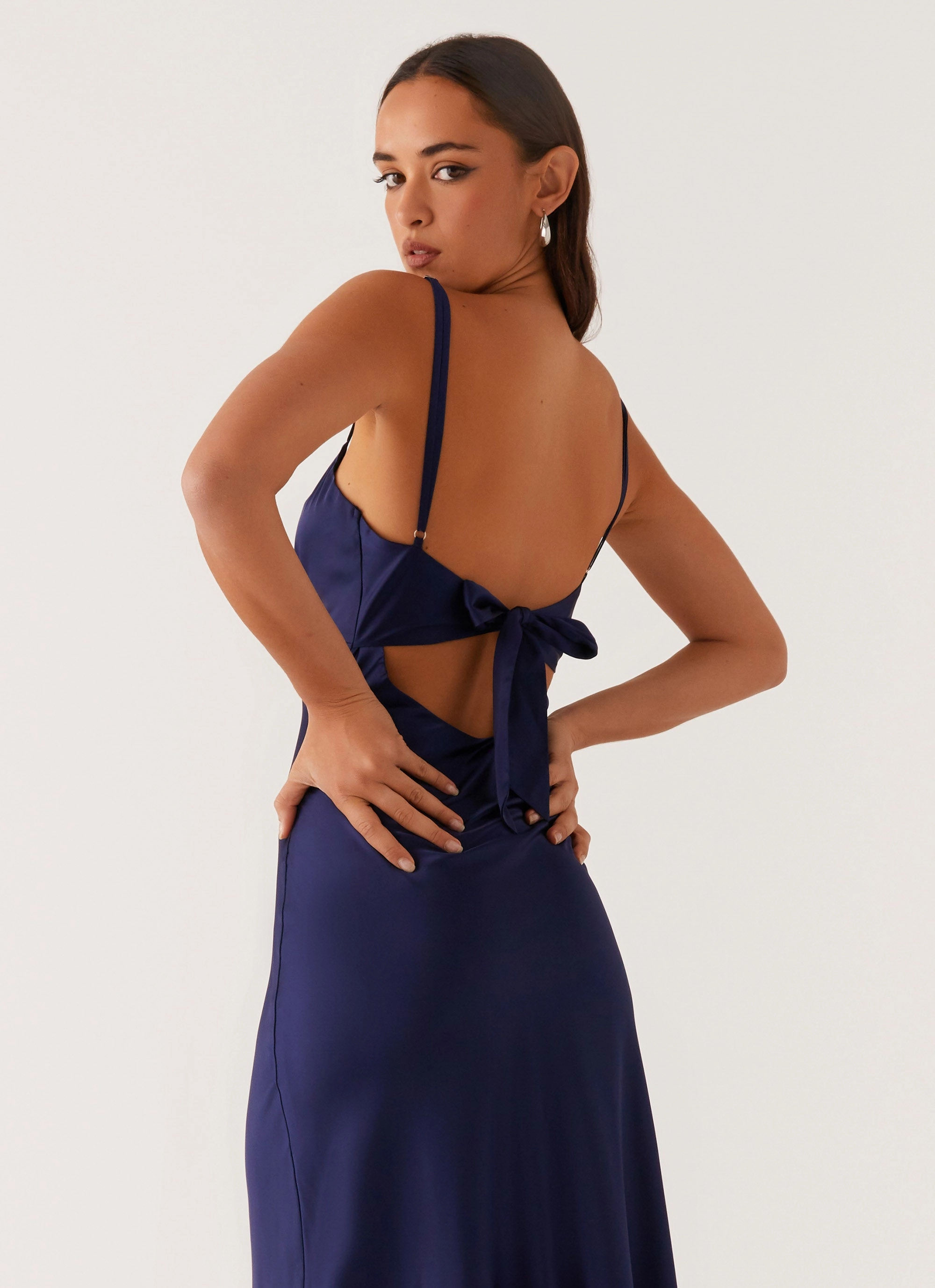 Flora Satin Maxi Dress - Navy Structured-Shape Open-back