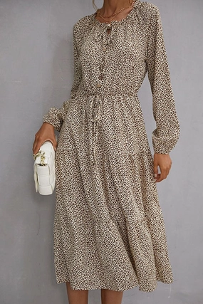 WOMEN BUTTON LACED NECK LEOPARD DRESS Clean Chic Feminine Mood