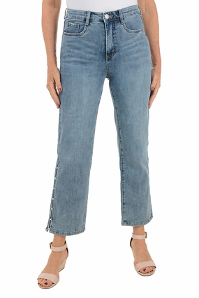 Button front Pearl Straight Leg Denim Ankle Pant