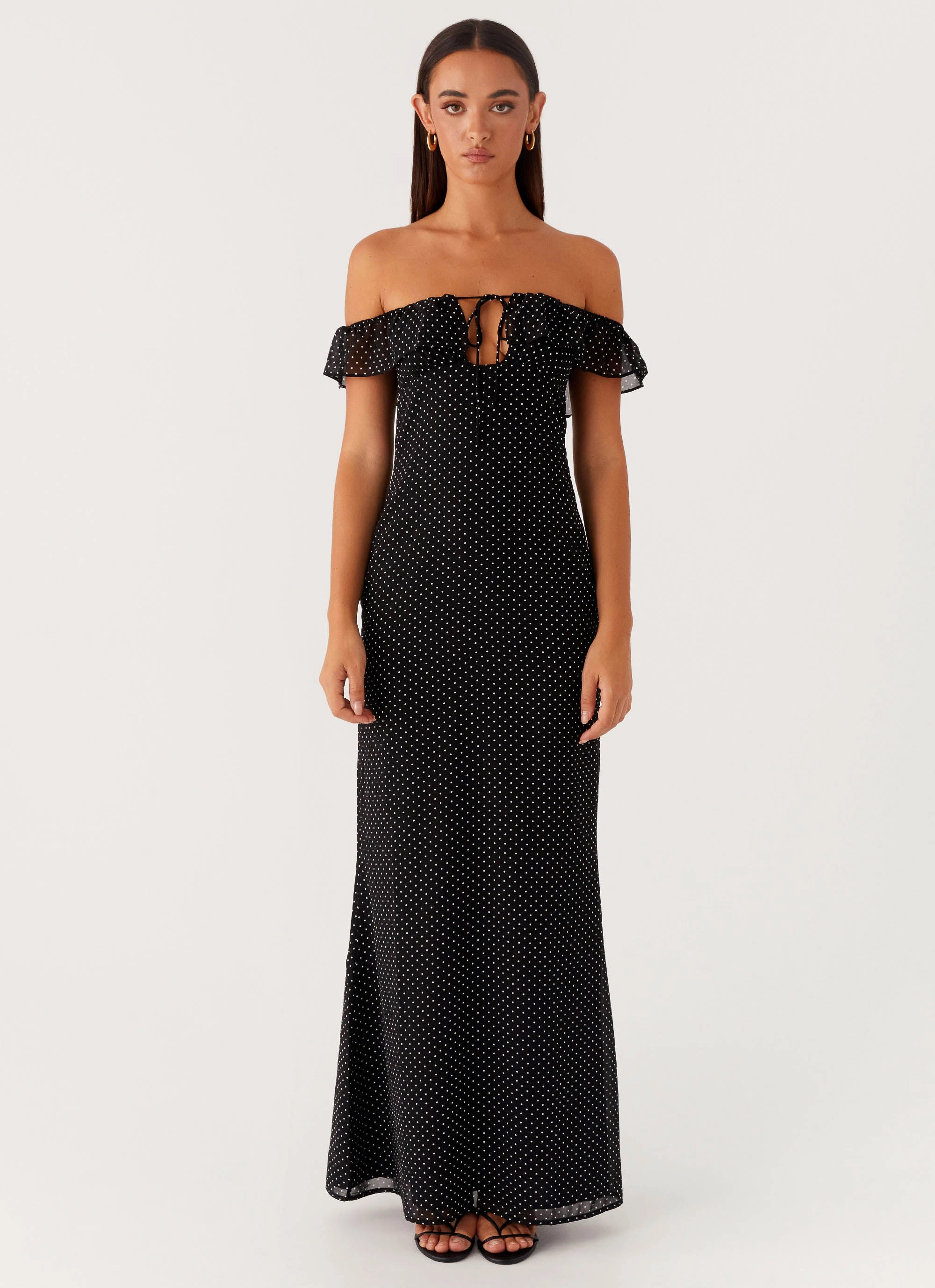DeepPocketStyle Pleated-Skirt Scarlet Cherry Maxi Dress - Black Polka Dot