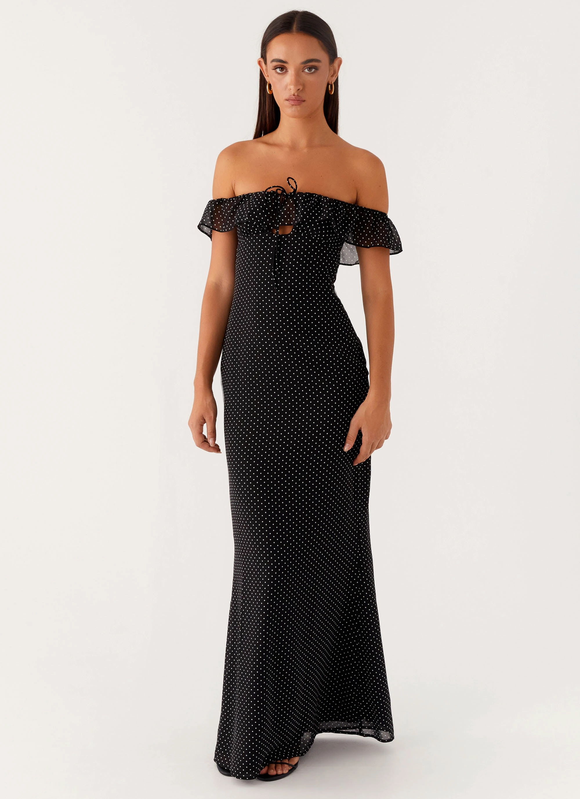 Scarlet Cherry Maxi Dress - Black Polka Dot Comfortable Waist Design