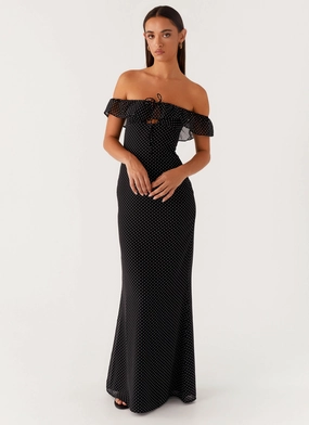 Subtle Look Classic Layering Scarlet Cherry Maxi Dress - Black Polka Dot