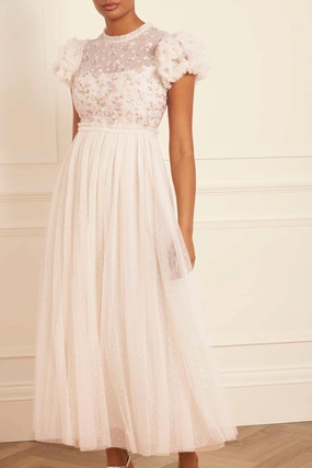 Dahlia Ditsy Bodice Round Neck Ankle Gown Contemporary Vibe Office Layer