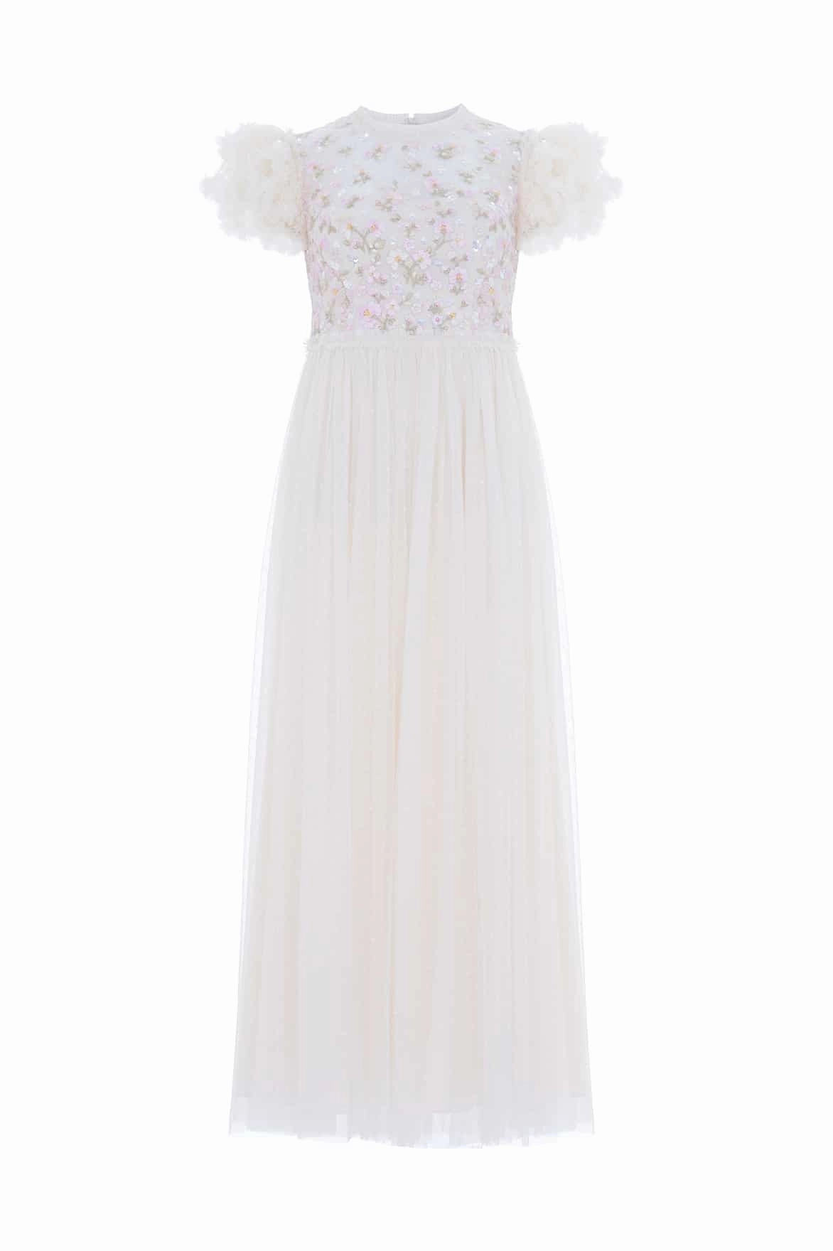 Ombre-Effect Dahlia Ditsy Bodice Round Neck Ankle Gown