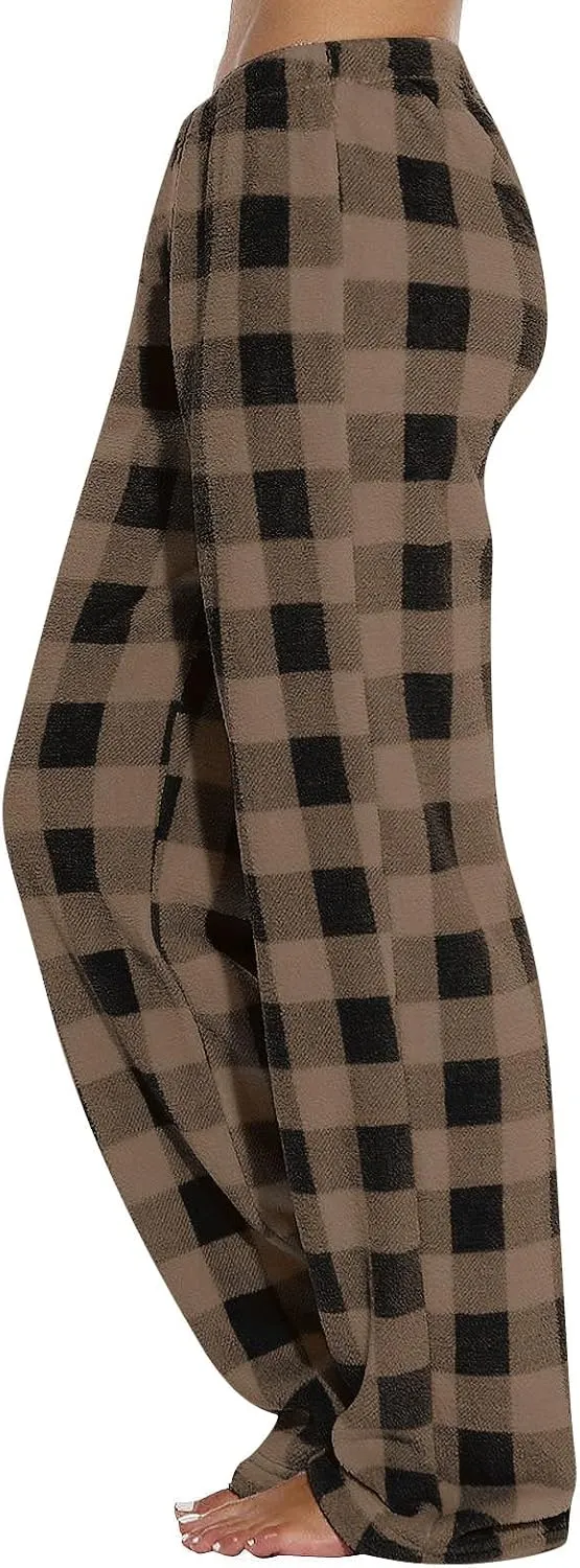 Flannel Buffalo Plaid Pajama Pants Women Comfy Warm Plaid Pj Pants Fuzzy Wide Leg Lounge Pants Pajamas Bottoms