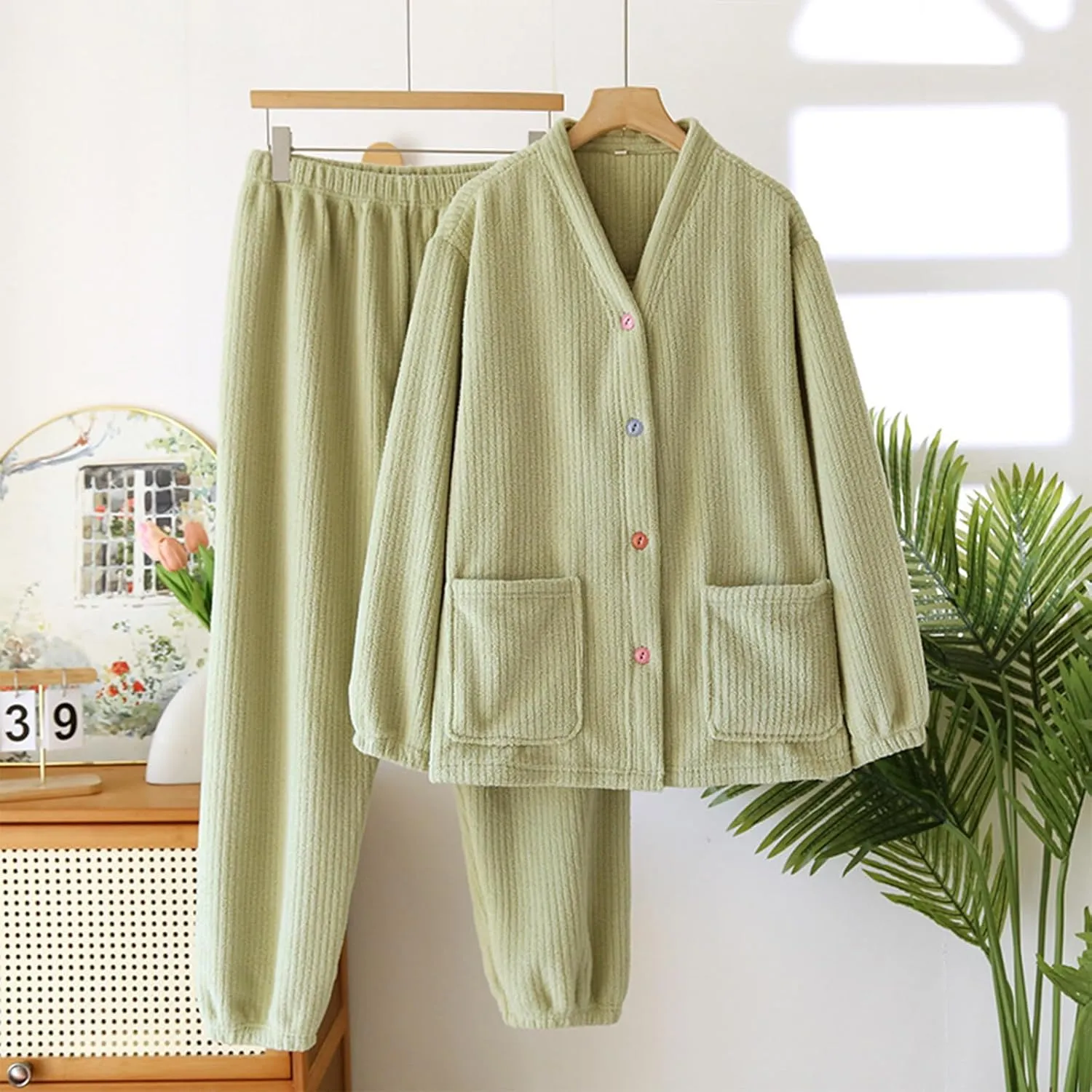 Flannel Pajamas For Women Set Winter Warm Button Cardigan With Long Pant Plush Sleepwear Fleece Soft Pjs Lounge Set
