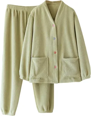 Flannel Pajamas For Women Set Winter Warm Button Cardigan With Long Pant Plush Sleepwear Fleece Soft Pjs Lounge Set