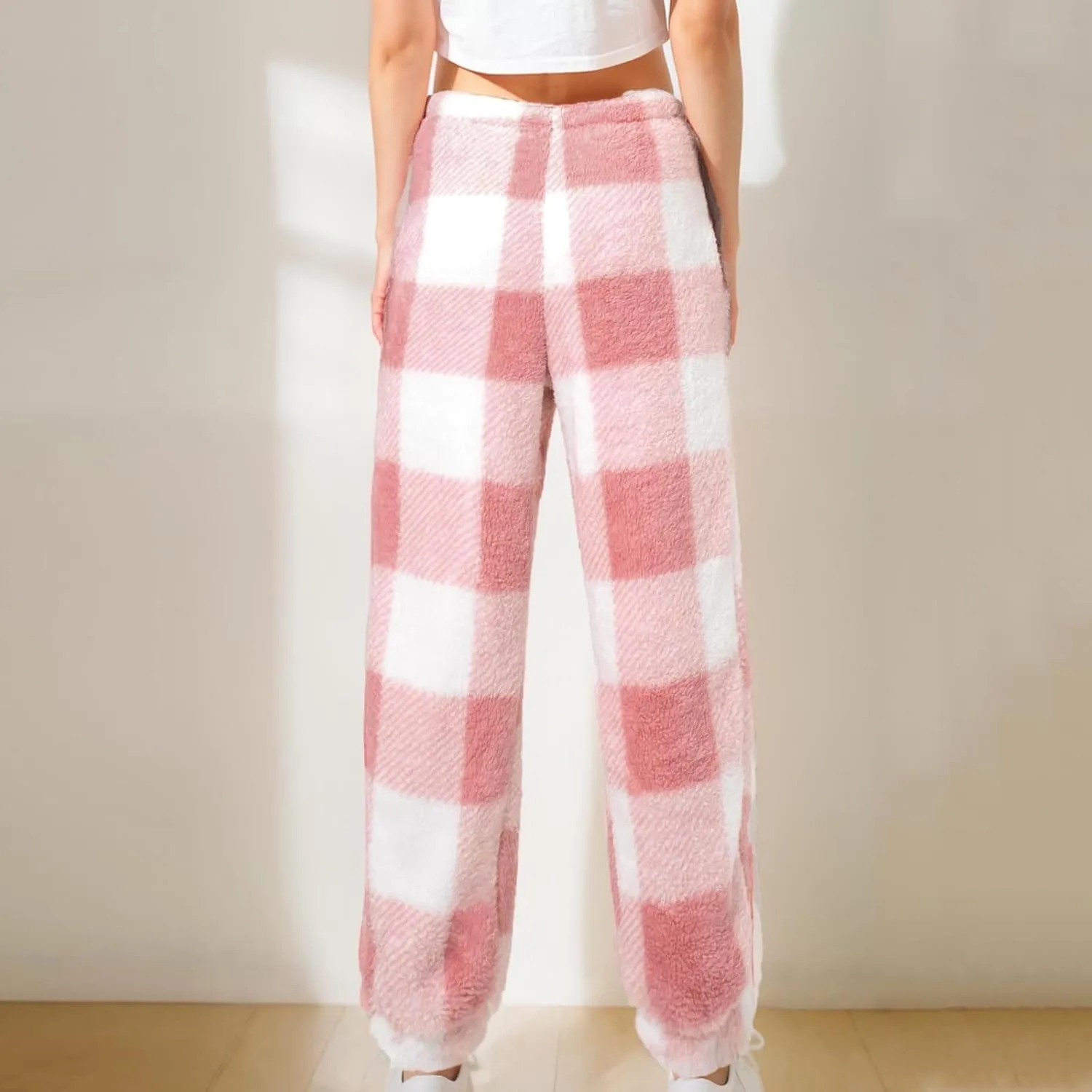 Flannel Pajamas Women Double-Sided Fleece Solid Color Plaid Pajama Pants Fuzzy Pajamas For Women Y2K Pants
