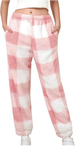 Flannel Pajamas Women Double-Sided Fleece Solid Color Plaid Pajama Pants Fuzzy Pajamas For Women Y2K Pants