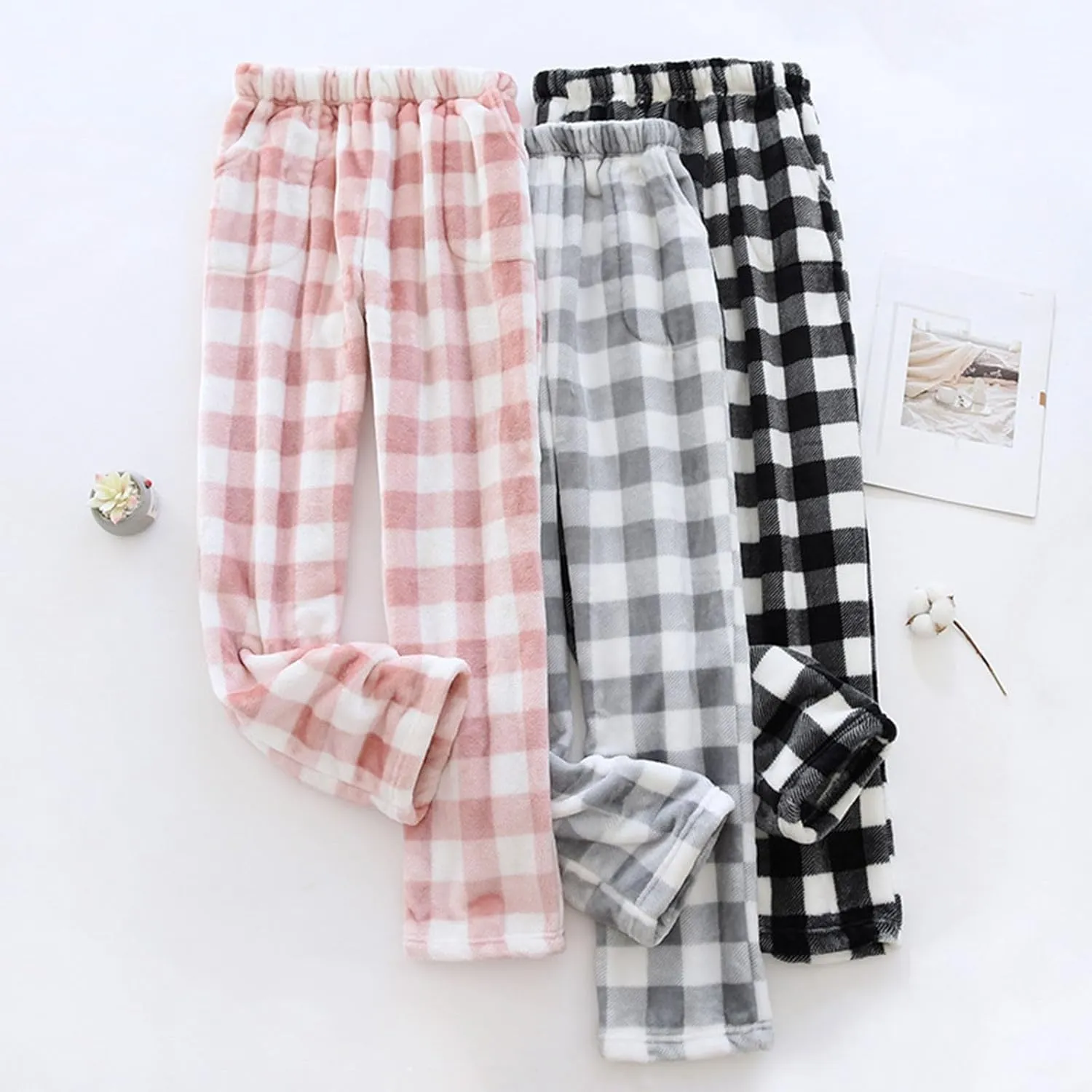 Flannel Plaid Pajama Pants Women Trendy Elastic WAIS Wide Leg Fuzzy Pj Pants Comfy Cute Lounge Pants with Pockets