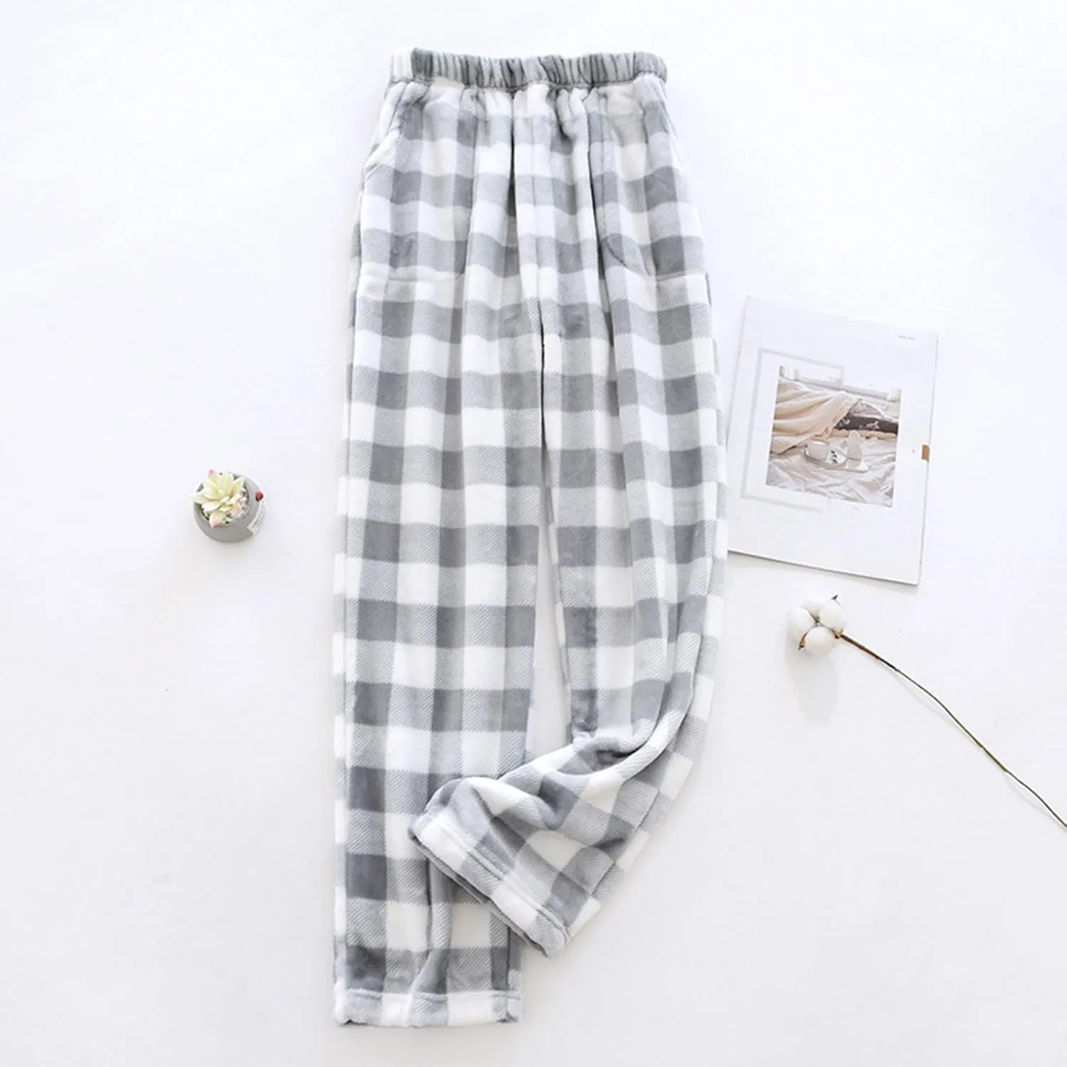 Flannel Plaid Pajama Pants Women Trendy Elastic WAIS Wide Leg Fuzzy Pj Pants Comfy Cute Lounge Pants with Pockets