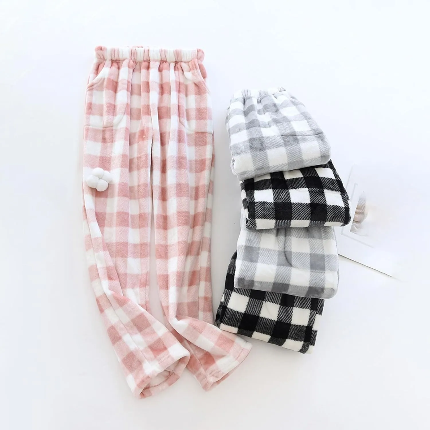 Flannel Plaid Pajama Pants Women Trendy Elastic WAIS Wide Leg Fuzzy Pj Pants Comfy Cute Lounge Pants with Pockets