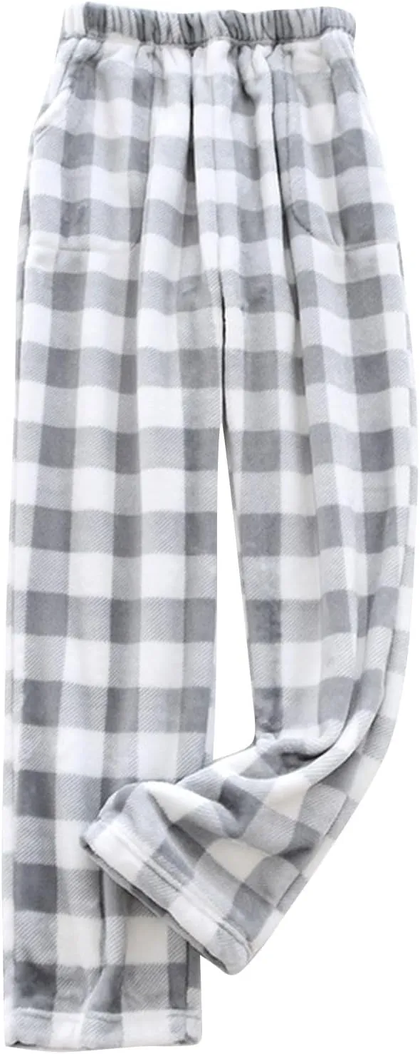 Flannel Plaid Pajama Pants Women Trendy Elastic WAIS Wide Leg Fuzzy Pj Pants Comfy Cute Lounge Pants with Pockets