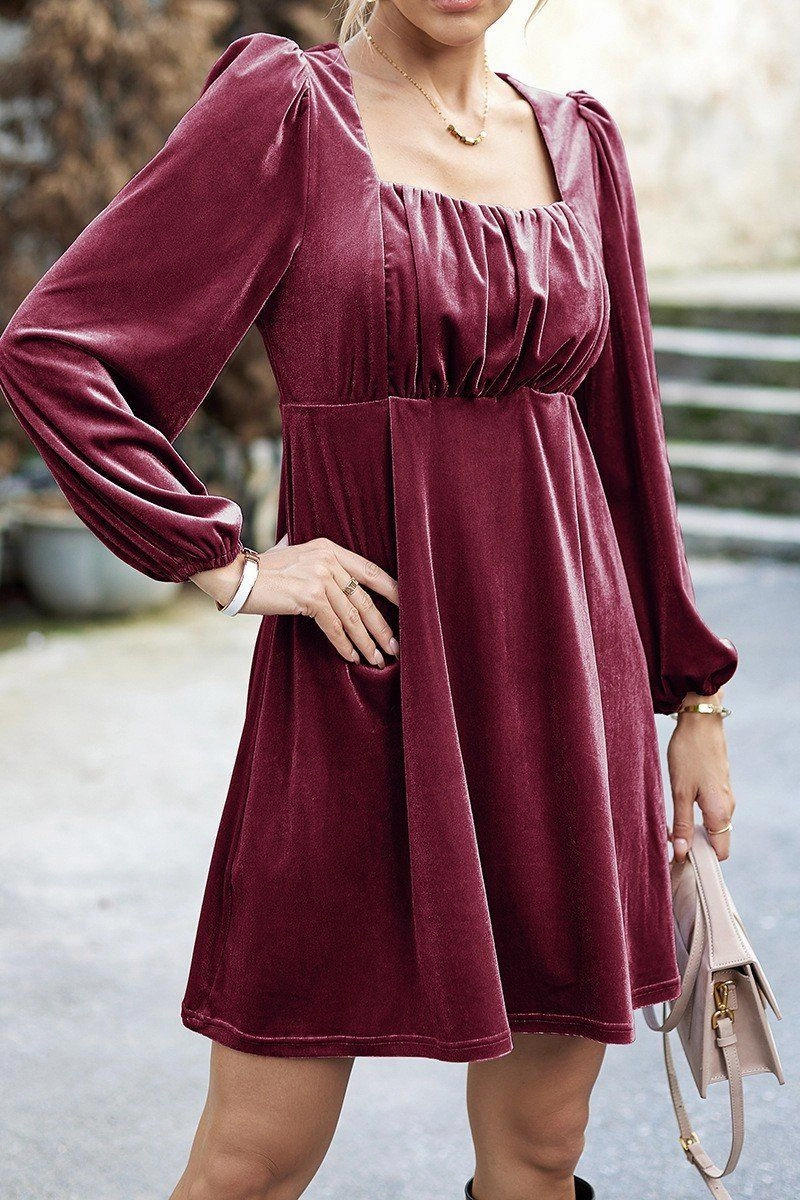 DurableStitching VELVET SQUARE NECK FLUTTER PUFF SLEEVE DRESS