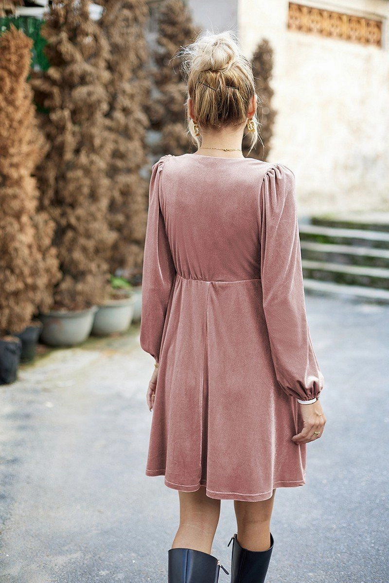 VELVET SQUARE NECK FLUTTER PUFF SLEEVE DRESS Sweet Mood