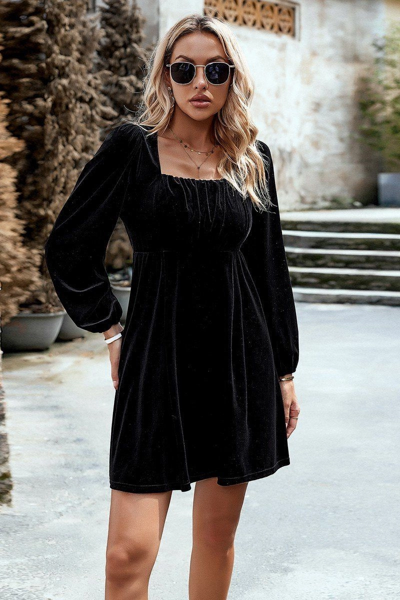 Modern-style VELVET SQUARE NECK FLUTTER PUFF SLEEVE DRESS