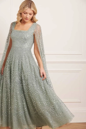 Scatter Dot Cape Sleeve Ankle Gown Breezy Comfort Soft Vibes