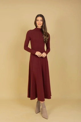 Mock Neck Dress in Burnt Red Low Profile Stitching Wrinkle Resistant Textile