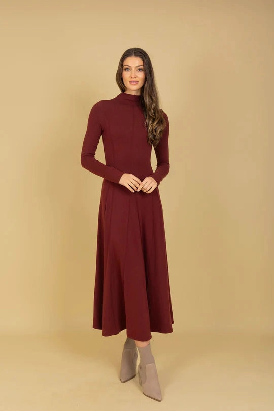 Mock Neck Dress in Burnt Red Low Profile Stitching Wrinkle Resistant Textile