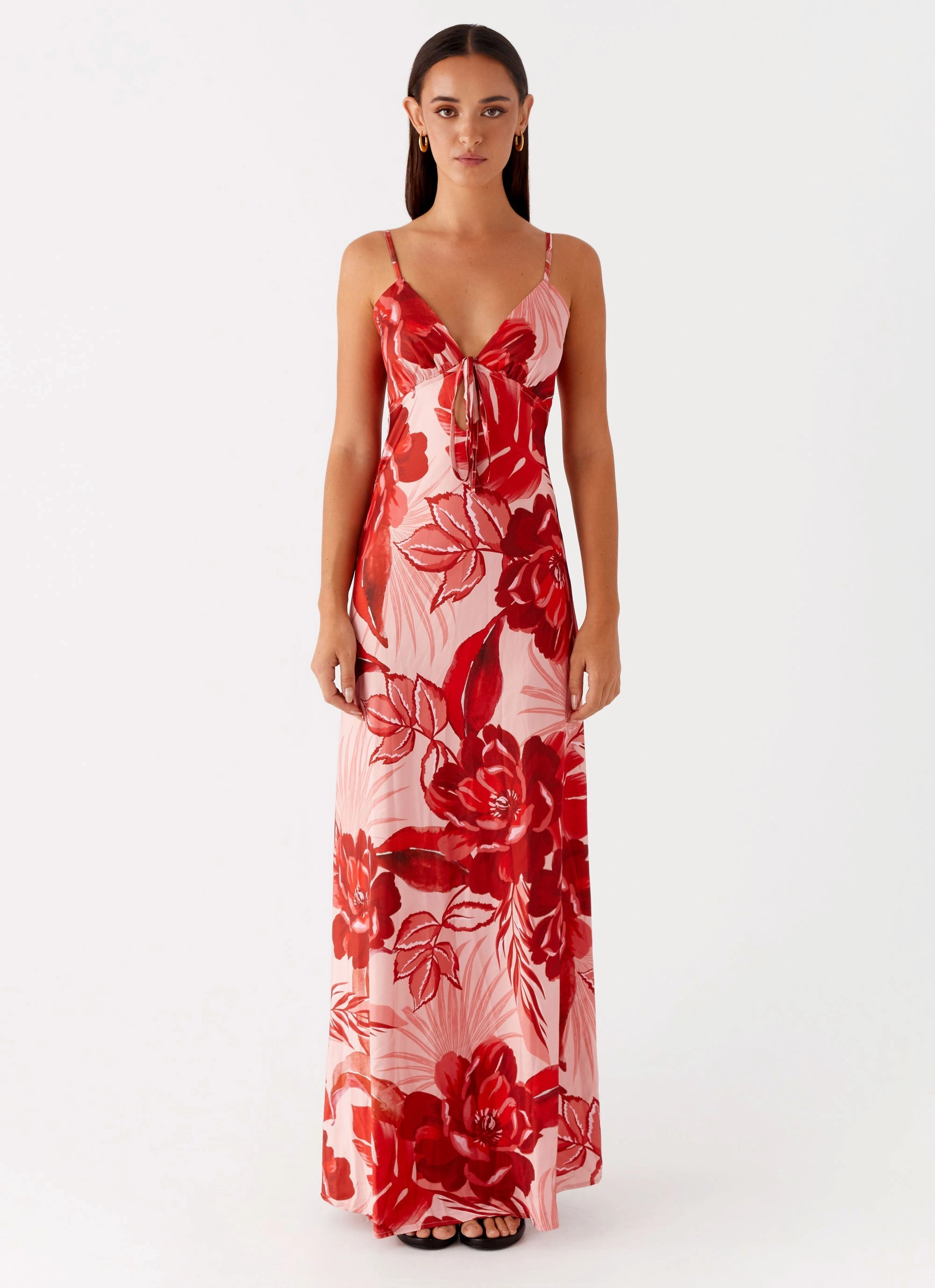 Flora Satin Maxi Dress - Sicily Sunsets Print Urban Motion Coral Soft