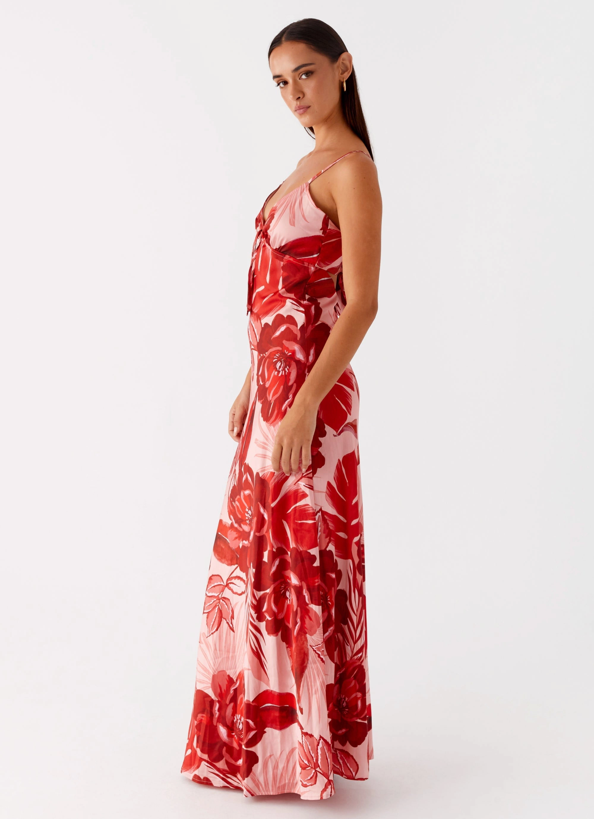 Flora Satin Maxi Dress - Sicily Sunsets Print Romantic Bloom Work Fitwear