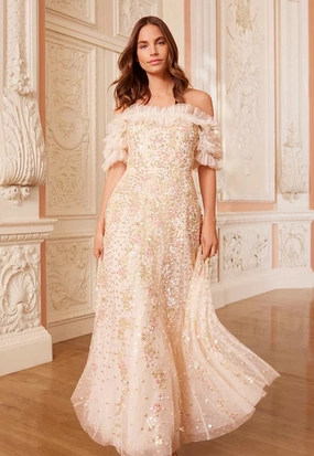 Confetti Ruffle Off-Shoulder Ankle Gown Korean Trend Evening Event