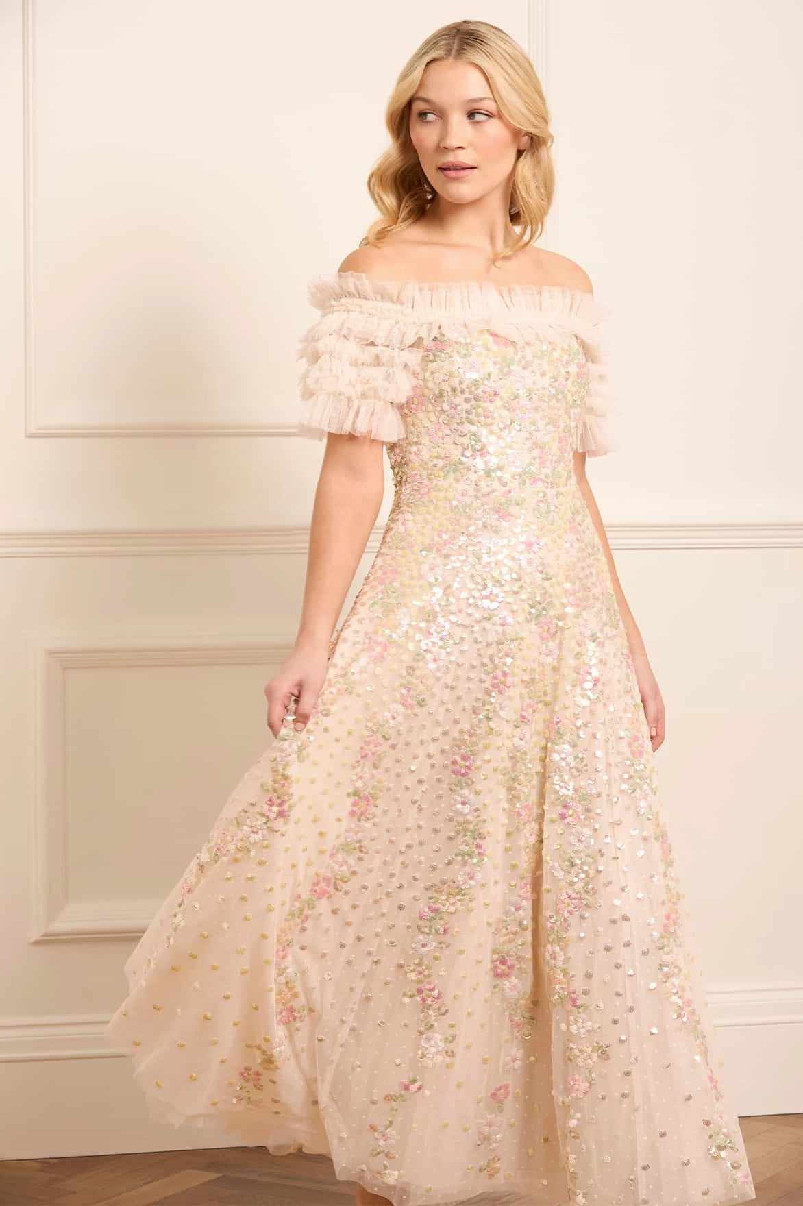 Office Smart Confetti Ruffle Off-Shoulder Ankle Gown