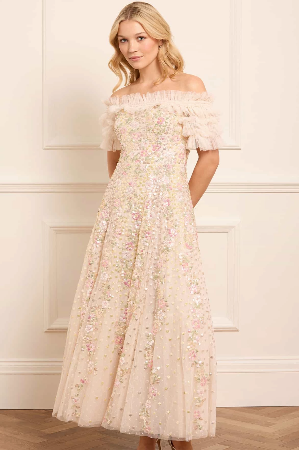 Confetti Ruffle Off-Shoulder Ankle Gown Flowing Texture Dreamy Silhouette