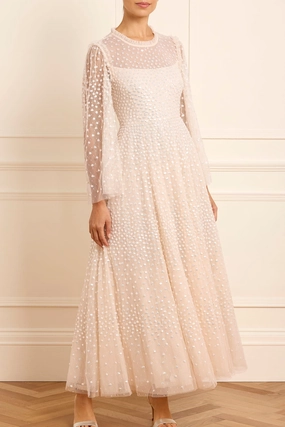 Color-Blocked Scatter Dot Round Neck Ankle Gown