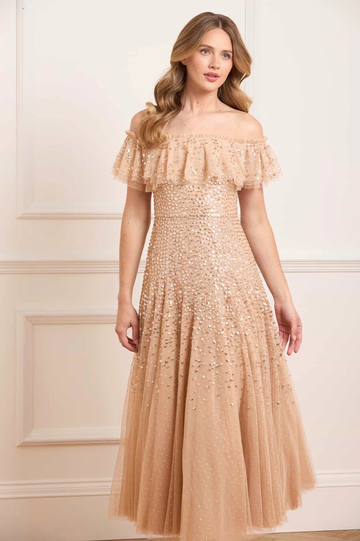 Soft Finish All-Day Comfort Wear Dappled Sequin Off-Shoulder Ankle Gown