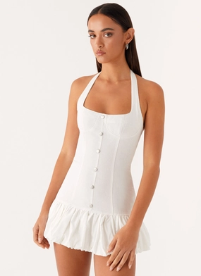 Boat-Neck Fit Waist Georgina Denim Mini Dress - White