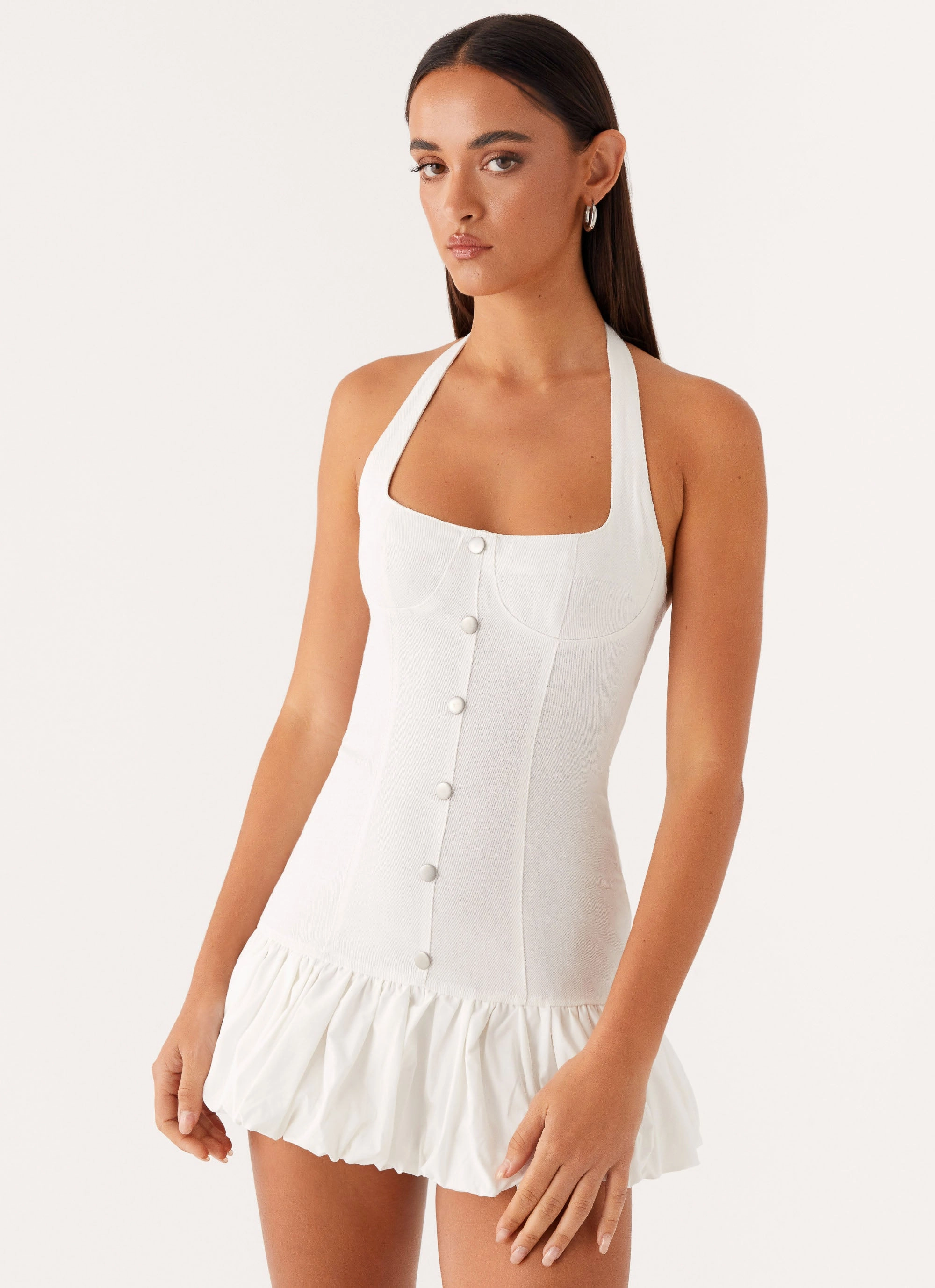 Boat-Neck Fit Waist Georgina Denim Mini Dress - White