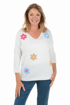 Fleecy Flower Applique Knit Top Quick Dry Material