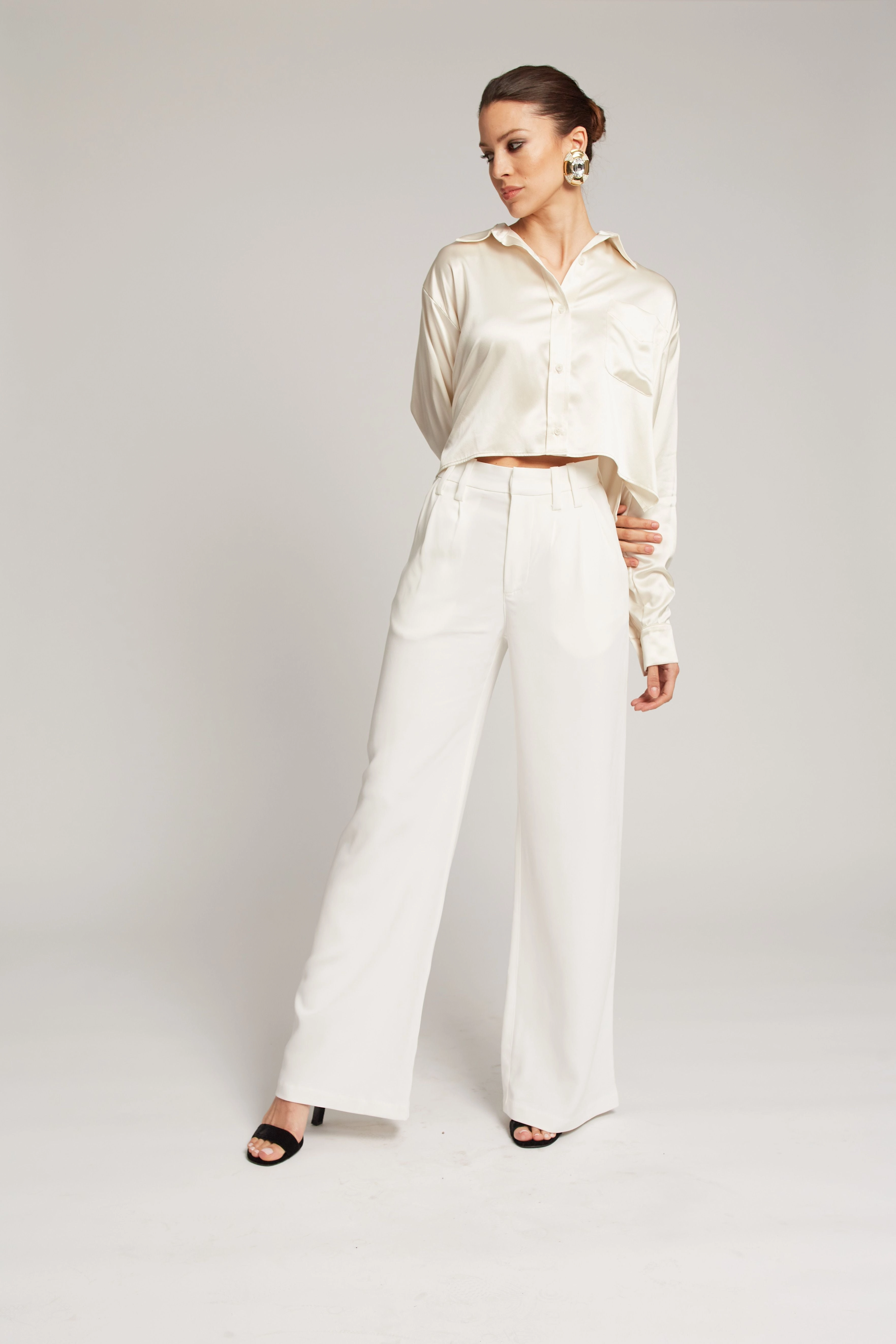 LightReflective Ivory Silk Cropped Button Down