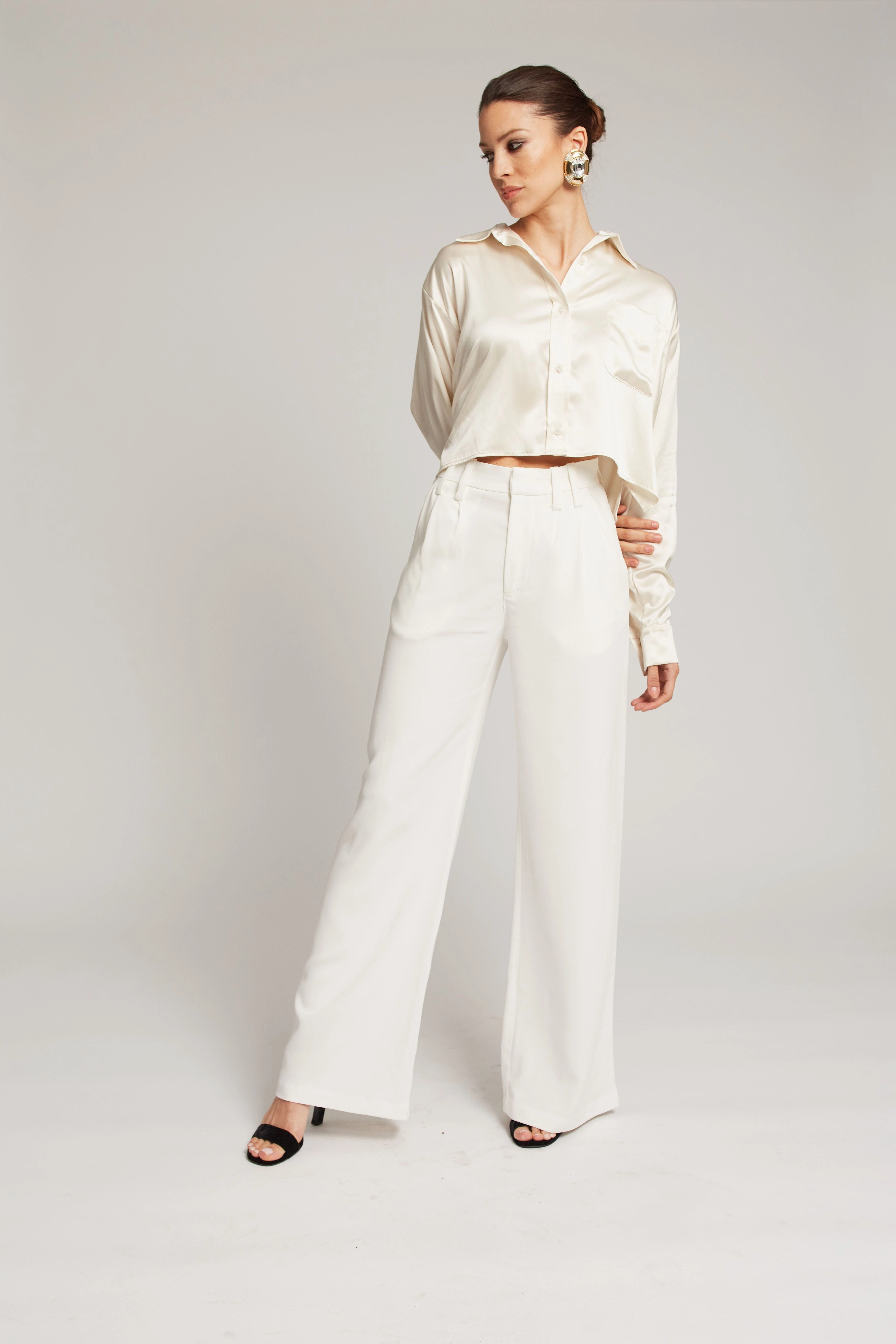 Ivory Silk Cropped Button Down YarnDyed Stripes