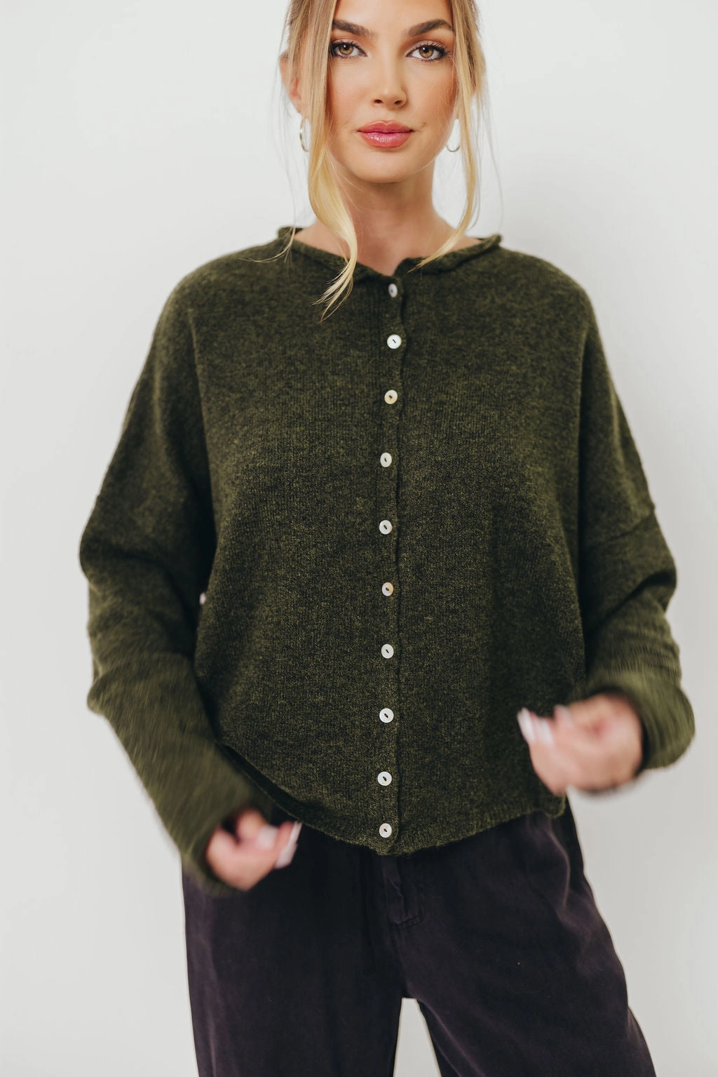 GarmentWashed Texture Piper Cardigan Top in Hunter Green