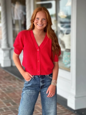 Steve Madden Janae Cardigan in Red Ribbed Hemline AntiPilling Technology