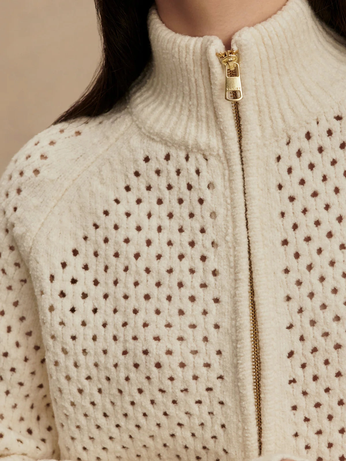 Cooling Technology Flexible Shoulder Gusset Varley Mandy Boucl Knit Jacket in Coconut Milk