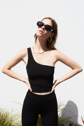 Black City One Shoulder Top Curved Hem Design