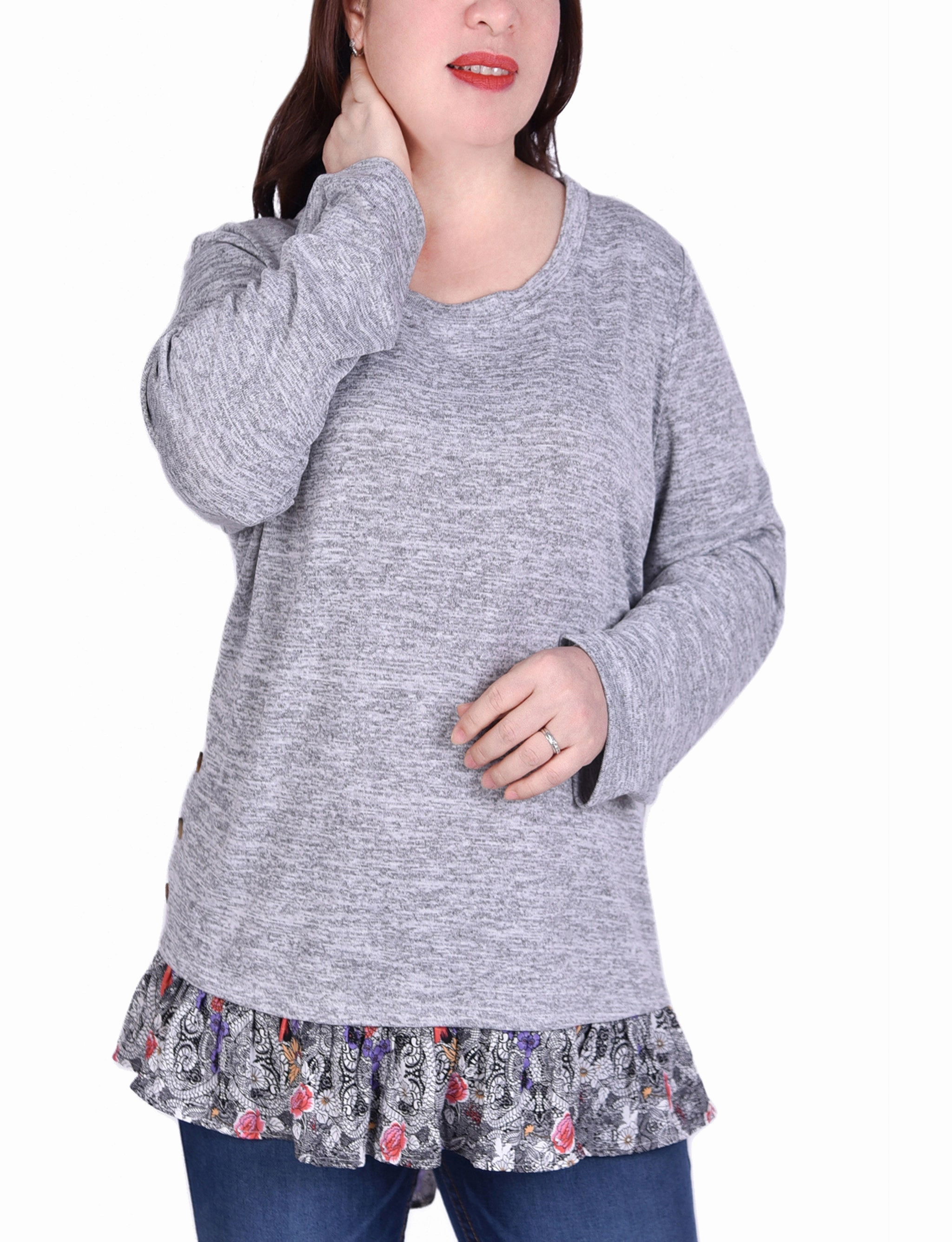 Simple Cut Long Sleeve Tunic Top With Ruffled Hem