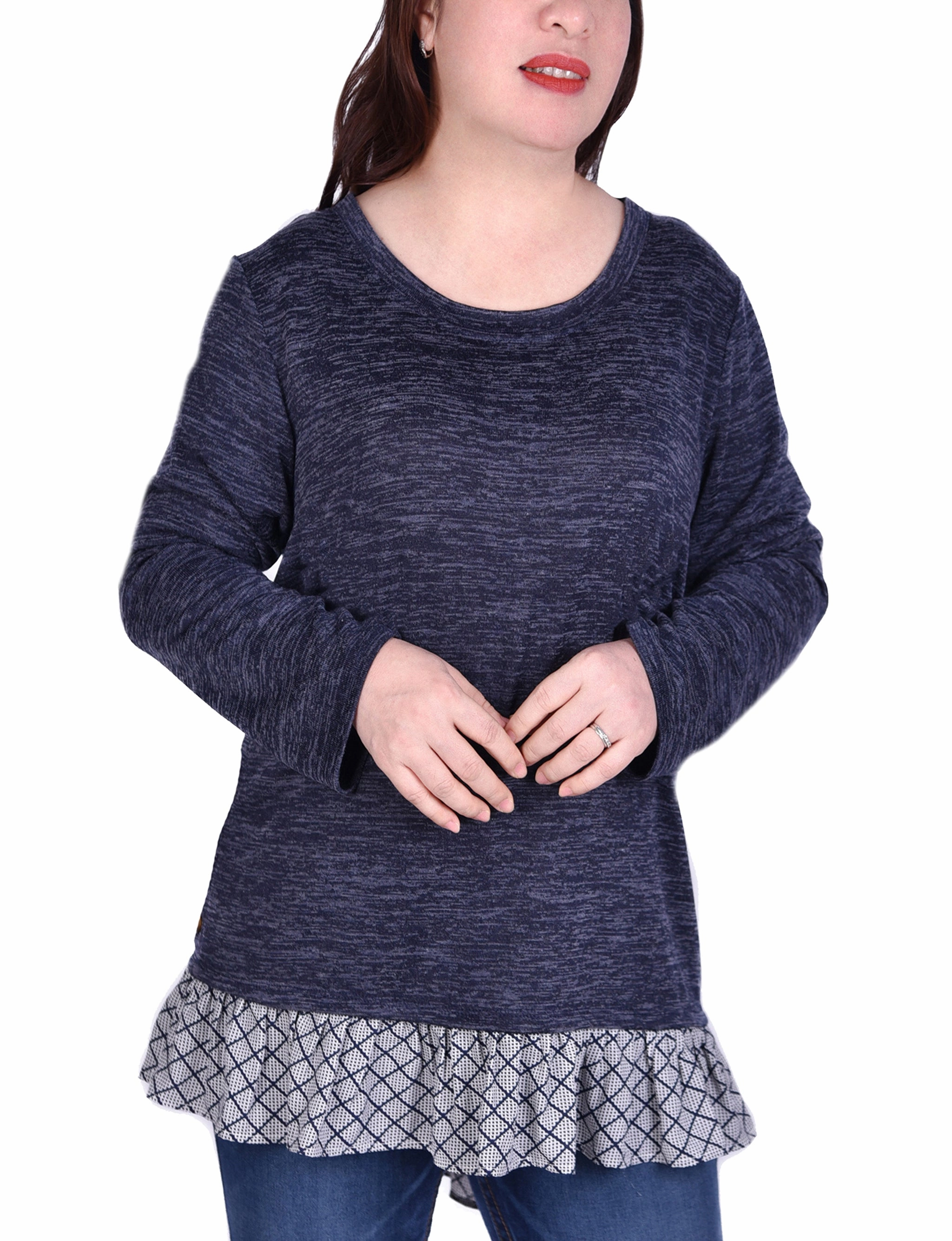 Warm Fabric StainRepellentCoating Long Sleeve Tunic Top With Ruffled Hem